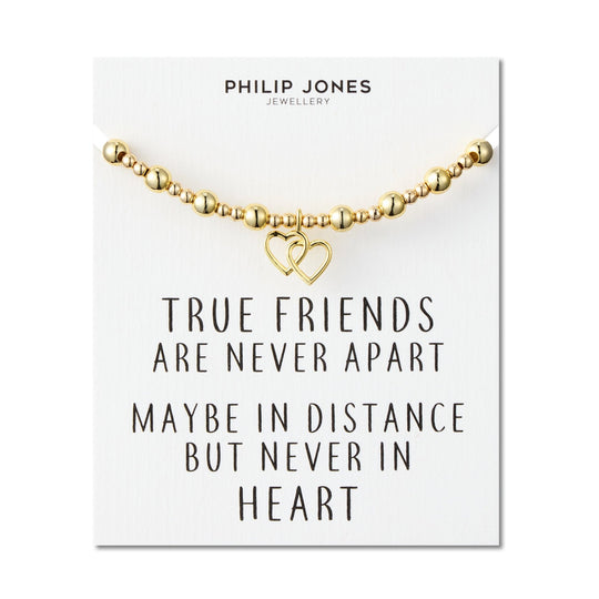18k Gold Plated Heart Link Beaded Stretch True Friends Bracelet with Quote Card