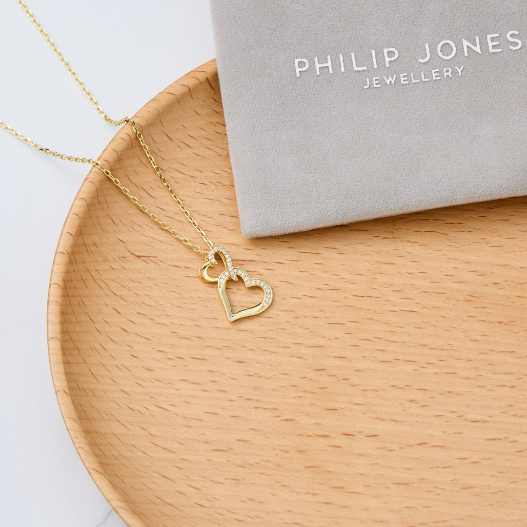 18k Gold Plated Heart Link Drop Necklace Created with Zircondia® Crystals - Philip Jones Jewellery