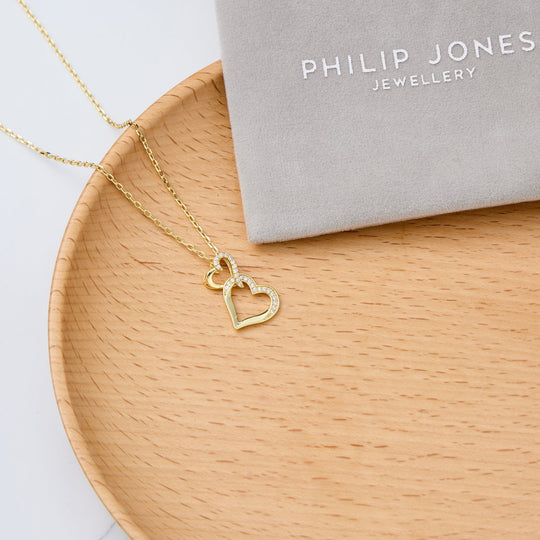 18k Gold Plated Heart Link Drop Necklace Created with Zircondia® Crystals - Philip Jones Jewellery