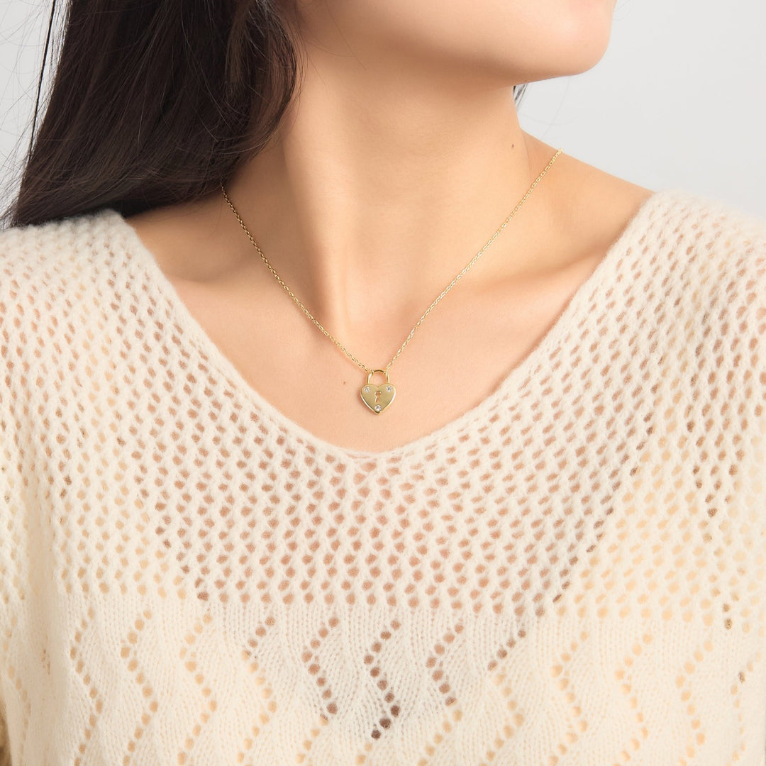 18k Gold Plated Heart Padlock Necklace Created with Zircondia® Crystals - Philip Jones Jewellery