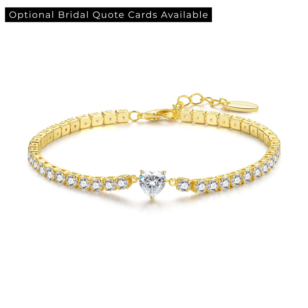 18k Gold Plated Heart Solitaire Bridal Tennis Bracelet Created with Zircondia® Crystals - Philip Jones Jewellery