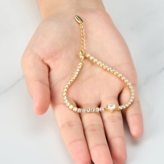 18k Gold Plated Heart Solitaire Bridal Tennis Bracelet Created with Zircondia® Crystals - Philip Jones Jewellery