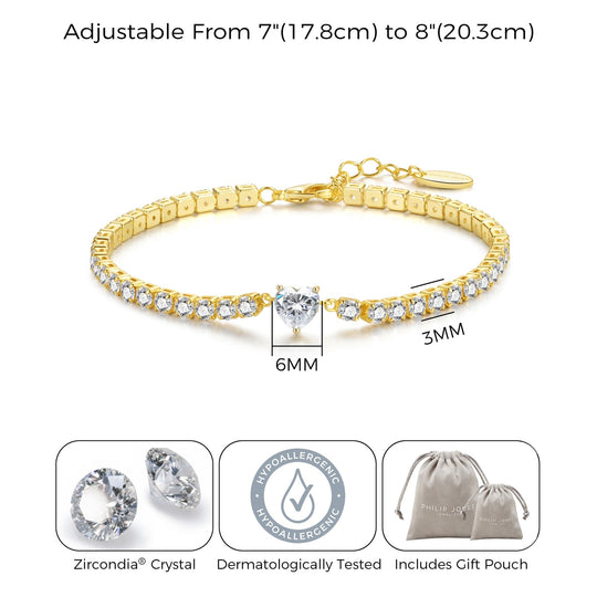 18k Gold Plated Heart Solitaire Bridal Tennis Bracelet Created with Zircondia® Crystals - Philip Jones Jewellery