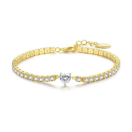 18k Gold Plated Heart Solitaire Tennis Bracelet Created with Zircondia® Crystals - Philip Jones Jewellery