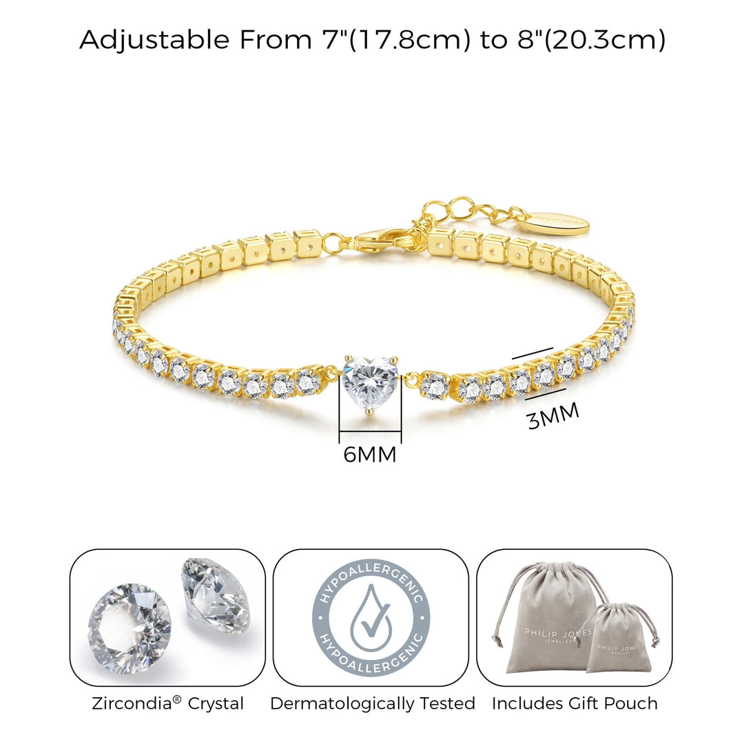 18k Gold Plated Heart Solitaire Tennis Bracelet Created with Zircondia® Crystals - Philip Jones Jewellery