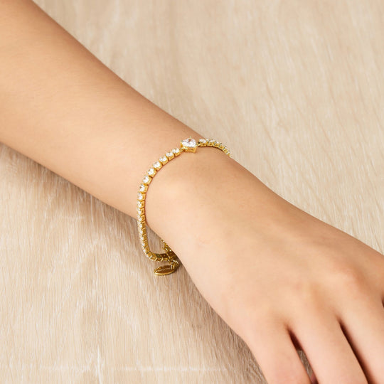 18k Gold Plated Heart Solitaire Tennis Bracelet Created with Zircondia® Crystals - Philip Jones Jewellery