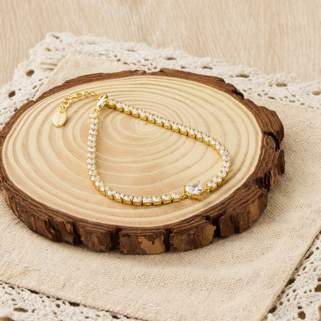 18k Gold Plated Heart Solitaire Tennis Bracelet Created with Zircondia® Crystals - Philip Jones Jewellery