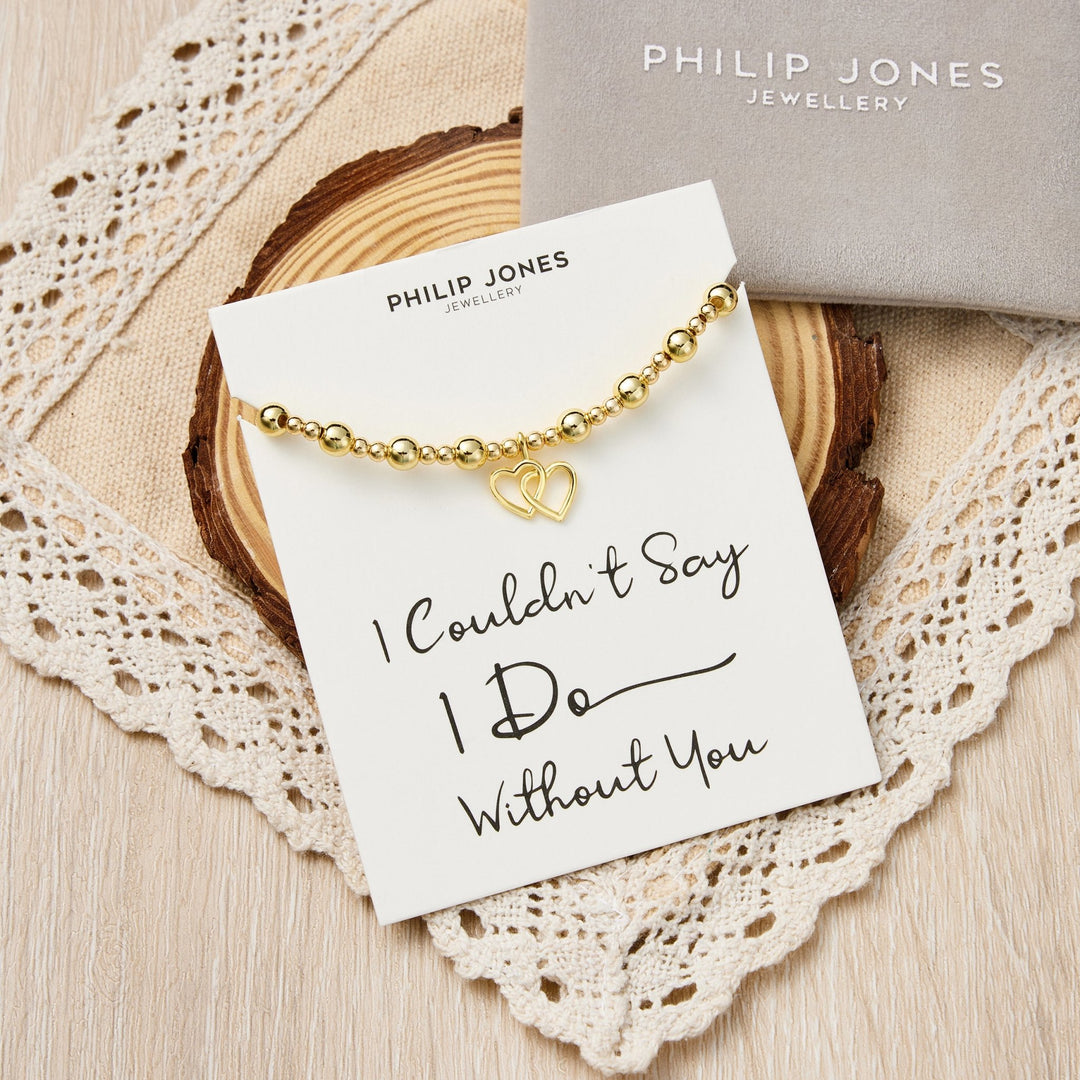 18k Gold Plated I Couldn't Say I Do Without You Heart Link Beaded Stretch Bridal Bracelet with Quote Card