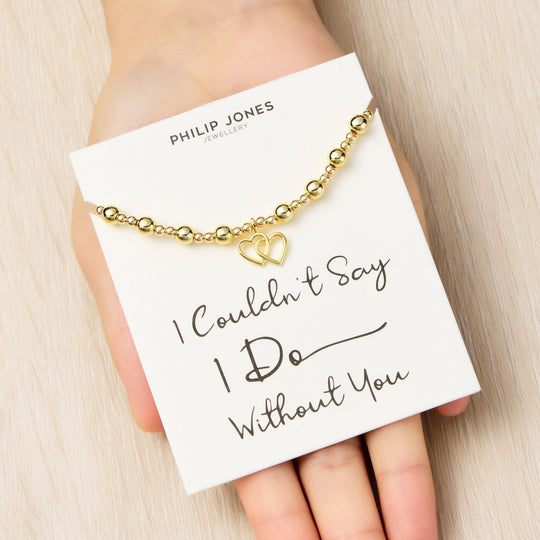 18k Gold Plated I Couldn't Say I Do Without You Heart Link Beaded Stretch Bridal Bracelet with Quote Card