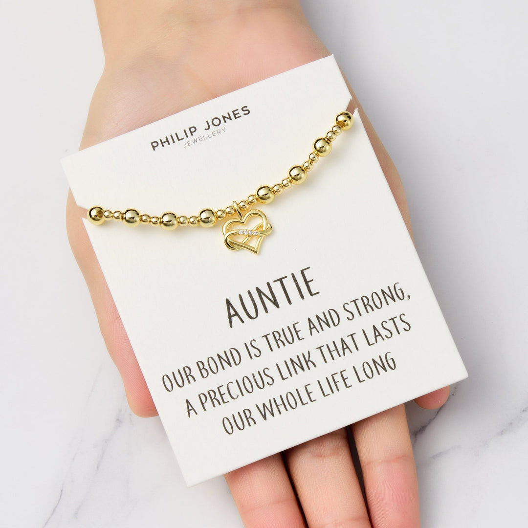 18k Gold Plated Infinity Heart Beaded Stretch Auntie Bracelet with Quote Card