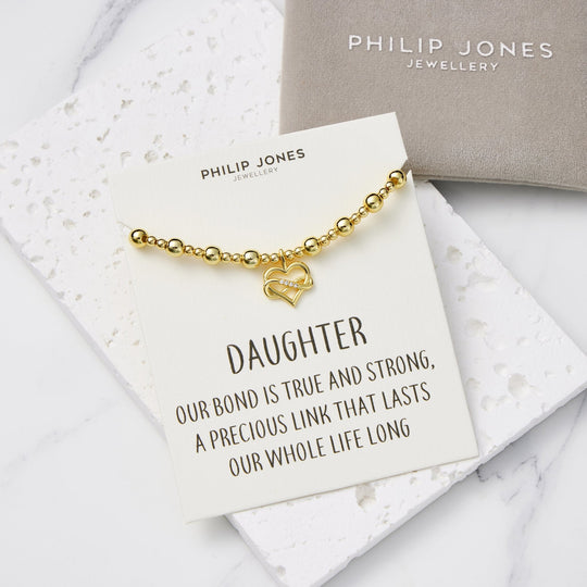 18k Gold Plated Infinity Heart Beaded Stretch Daughter Bracelet with Quote Card