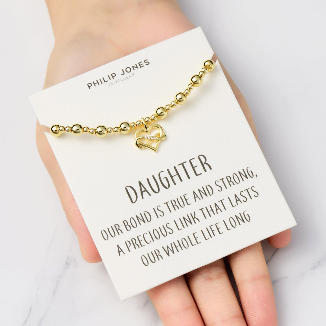 18k Gold Plated Infinity Heart Beaded Stretch Daughter Bracelet with Quote Card