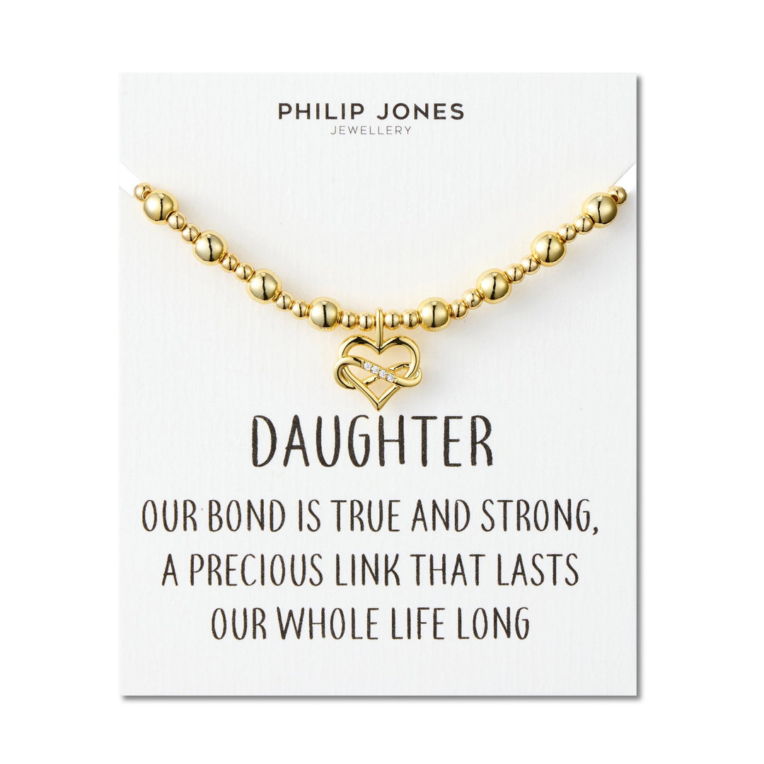 18k Gold Plated Infinity Heart Beaded Stretch Daughter Bracelet with Quote Card - Philip Jones