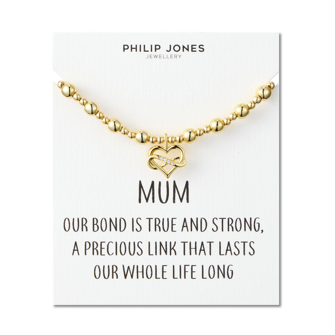18k Gold Plated Infinity Heart Beaded Stretch Mum Bracelet with Quote Card - Philip Jones