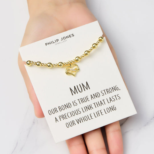 18k Gold Plated Infinity Heart Beaded Stretch Mum Bracelet with Quote Card
