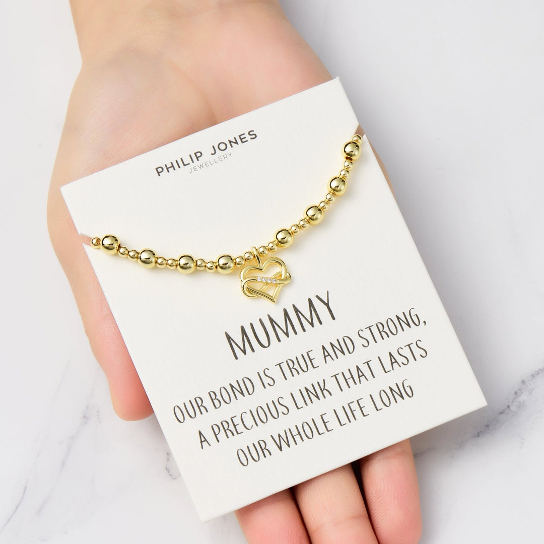 18k Gold Plated Infinity Heart Beaded Stretch Mummy Bracelet with Quote Card