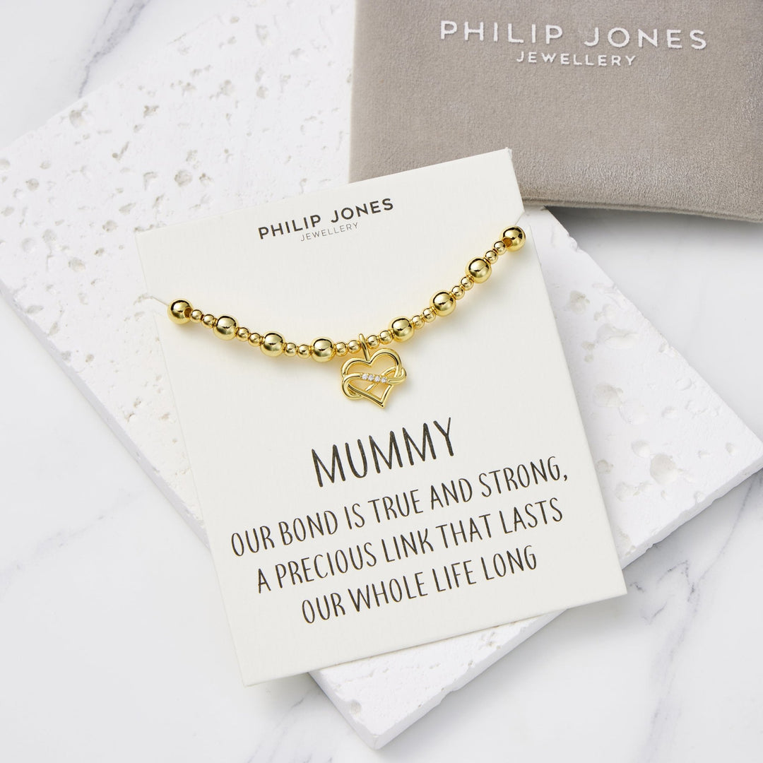 18k Gold Plated Infinity Heart Beaded Stretch Mummy Bracelet with Quote Card