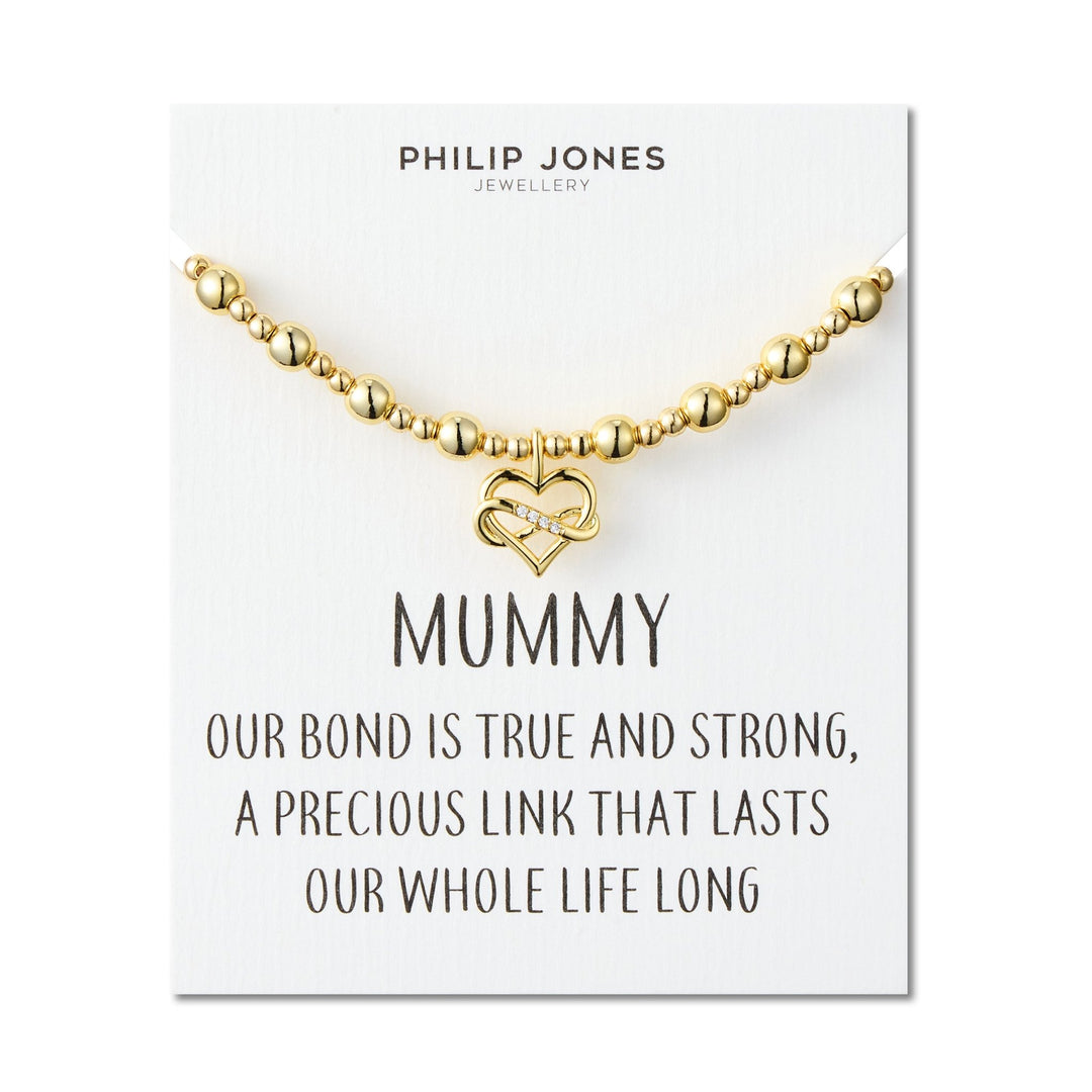 18k Gold Plated Infinity Heart Beaded Stretch Mummy Bracelet with Quote Card