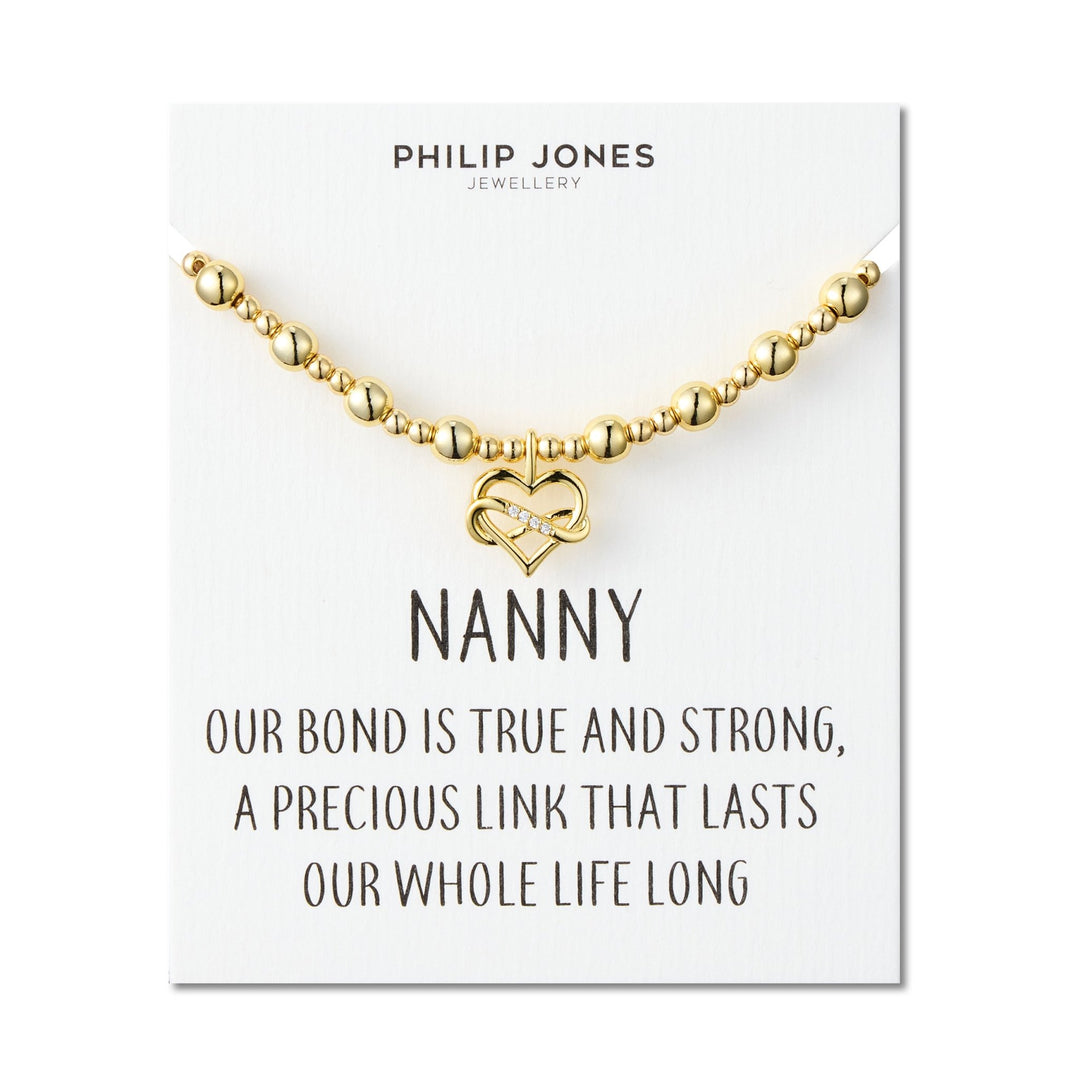 18k Gold Plated Infinity Heart Beaded Stretch Nanny Bracelet with Quote Card- Philip Jones