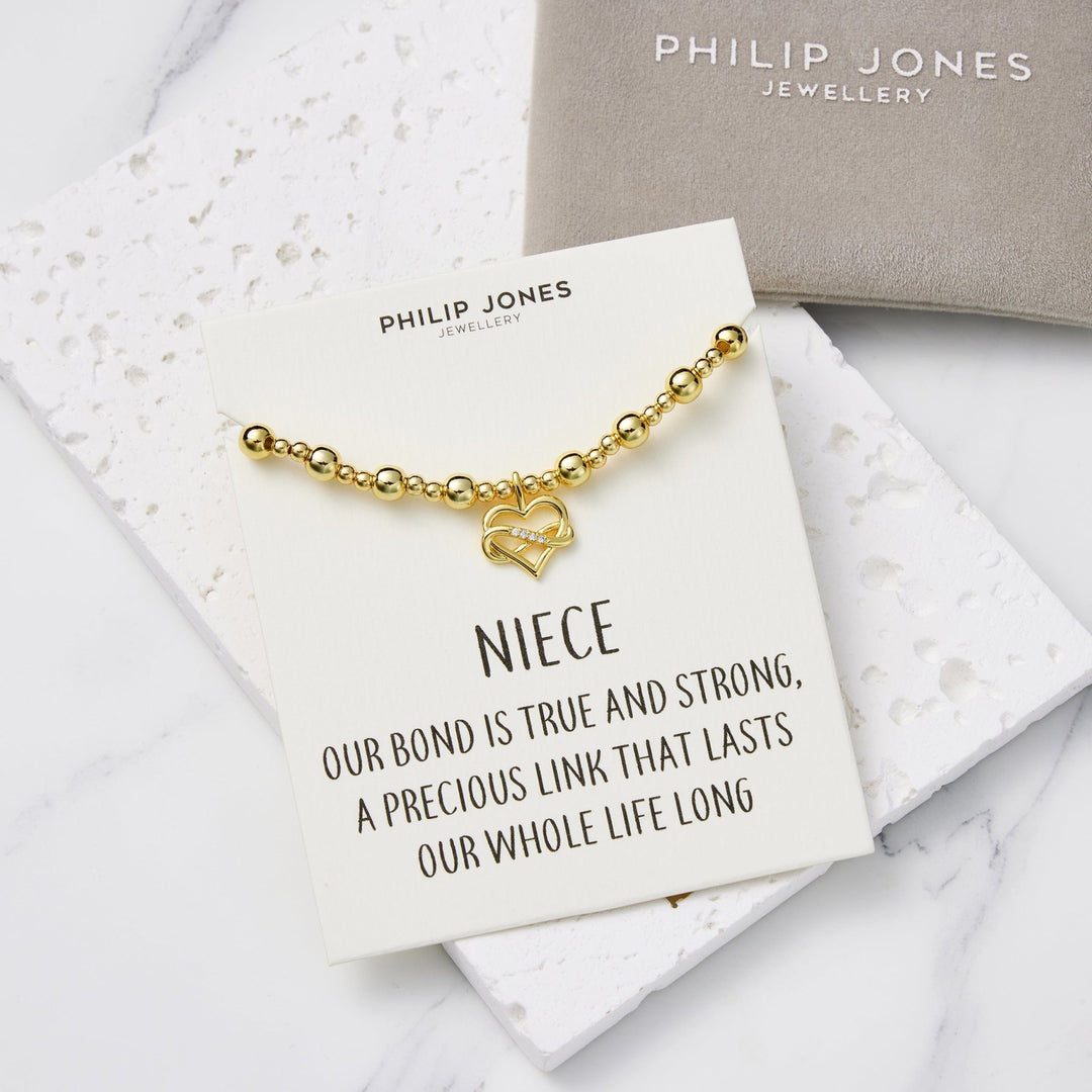 18k Gold Plated Infinity Heart Beaded Stretch Niece Bracelet with Quote Card