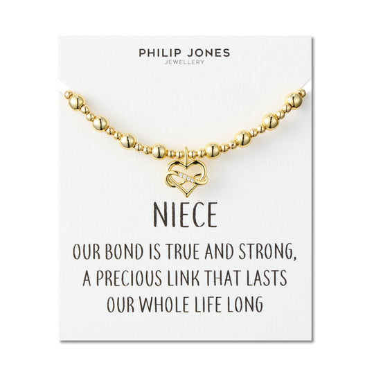18k Gold Plated Infinity Heart Beaded Stretch Niece Bracelet with Quote Card