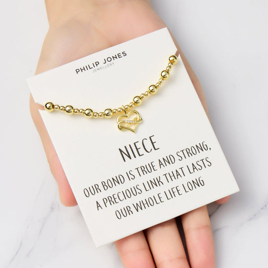 18k Gold Plated Infinity Heart Beaded Stretch Niece Bracelet with Quote Card