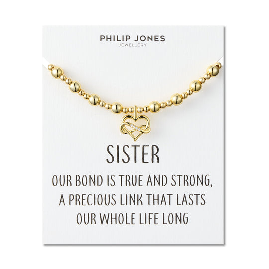 18k Gold Plated Infinity Heart Beaded Stretch Sister Bracelet with Quote Card - Philip Jones