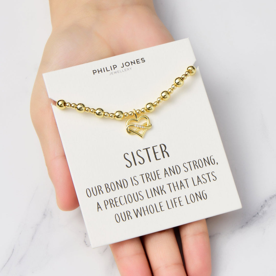18k Gold Plated Infinity Heart Beaded Stretch Sister Bracelet with Quote Card