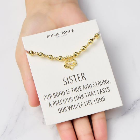 18k Gold Plated Infinity Heart Beaded Stretch Sister Bracelet with Quote Card