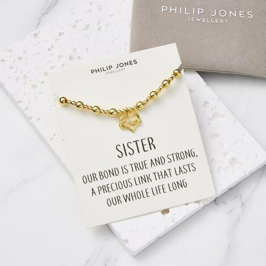 18k Gold Plated Infinity Heart Beaded Stretch Sister Bracelet with Quote Card
