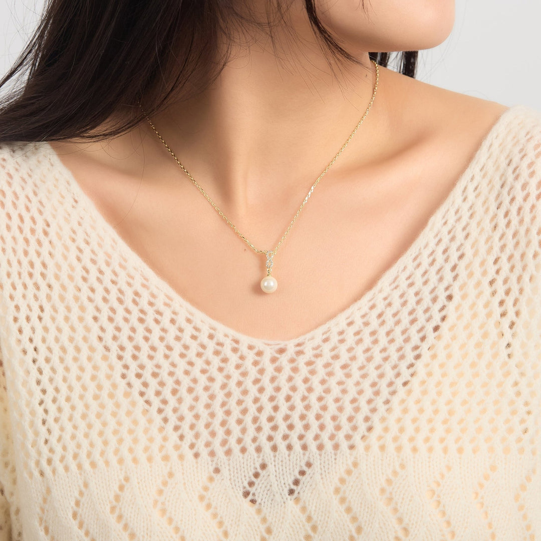 18k Gold Plated Infinity Pearl Drop Necklace Created with Zircondia® Crystals - Philip Jones Jewellery