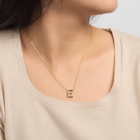 18k Gold Plated Initial Necklace Letter E Created with Zircondia® Crystals - Philip Jones Jewellery