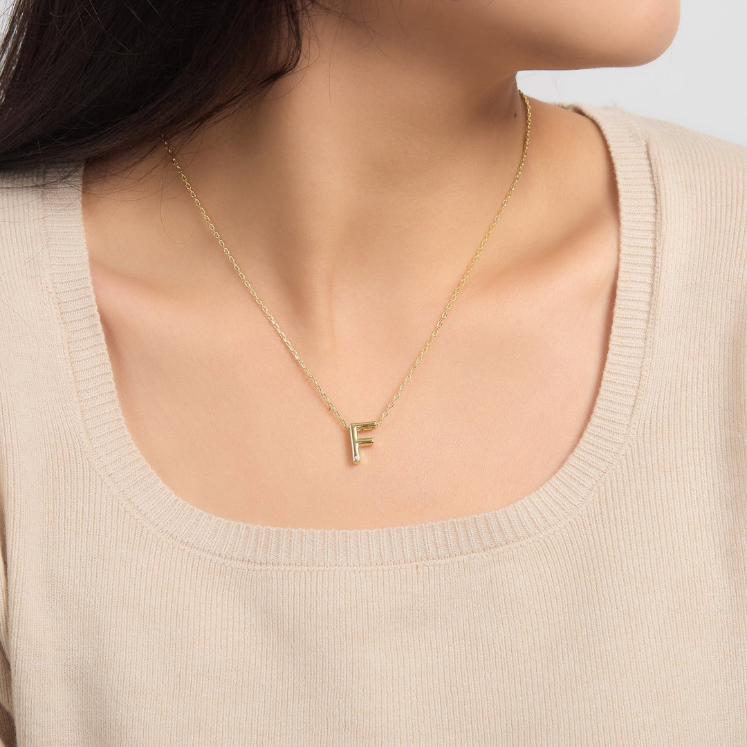 18k Gold Plated Initial Necklace Letter F Created with Zircondia® Crystals - Philip Jones Jewellery