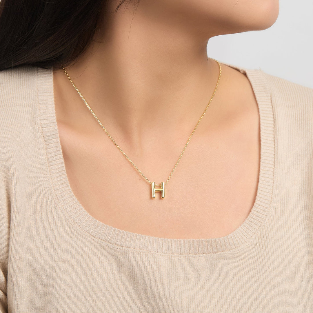 18k Gold Plated Initial Necklace Letter H Created with Zircondia® Crystals - Philip Jones Jewellery