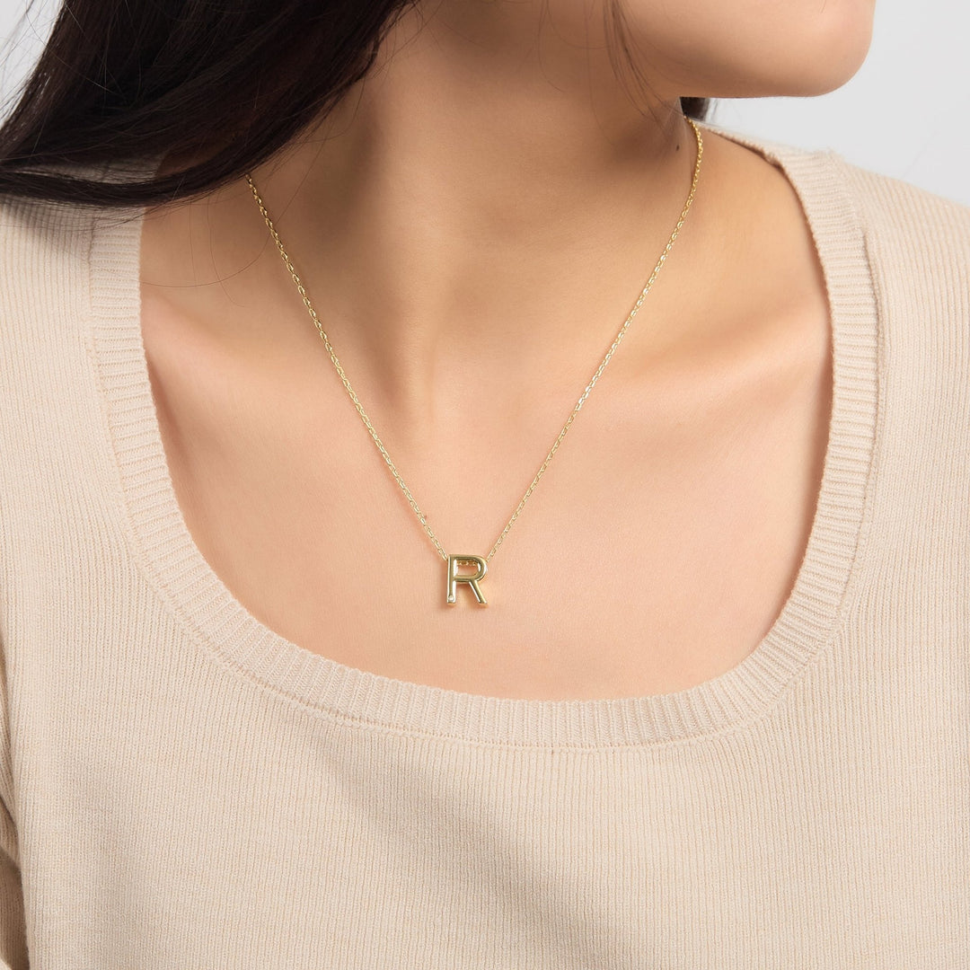 18k Gold Plated Initial Necklace Letter R Created with Zircondia® Crystals - Philip Jones Jewellery