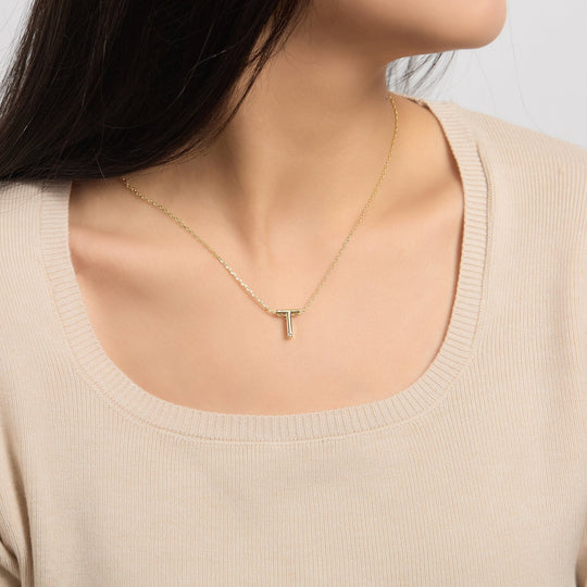 18k Gold Plated Initial Necklace Letter T Created with Zircondia® Crystals - Philip Jones Jewellery