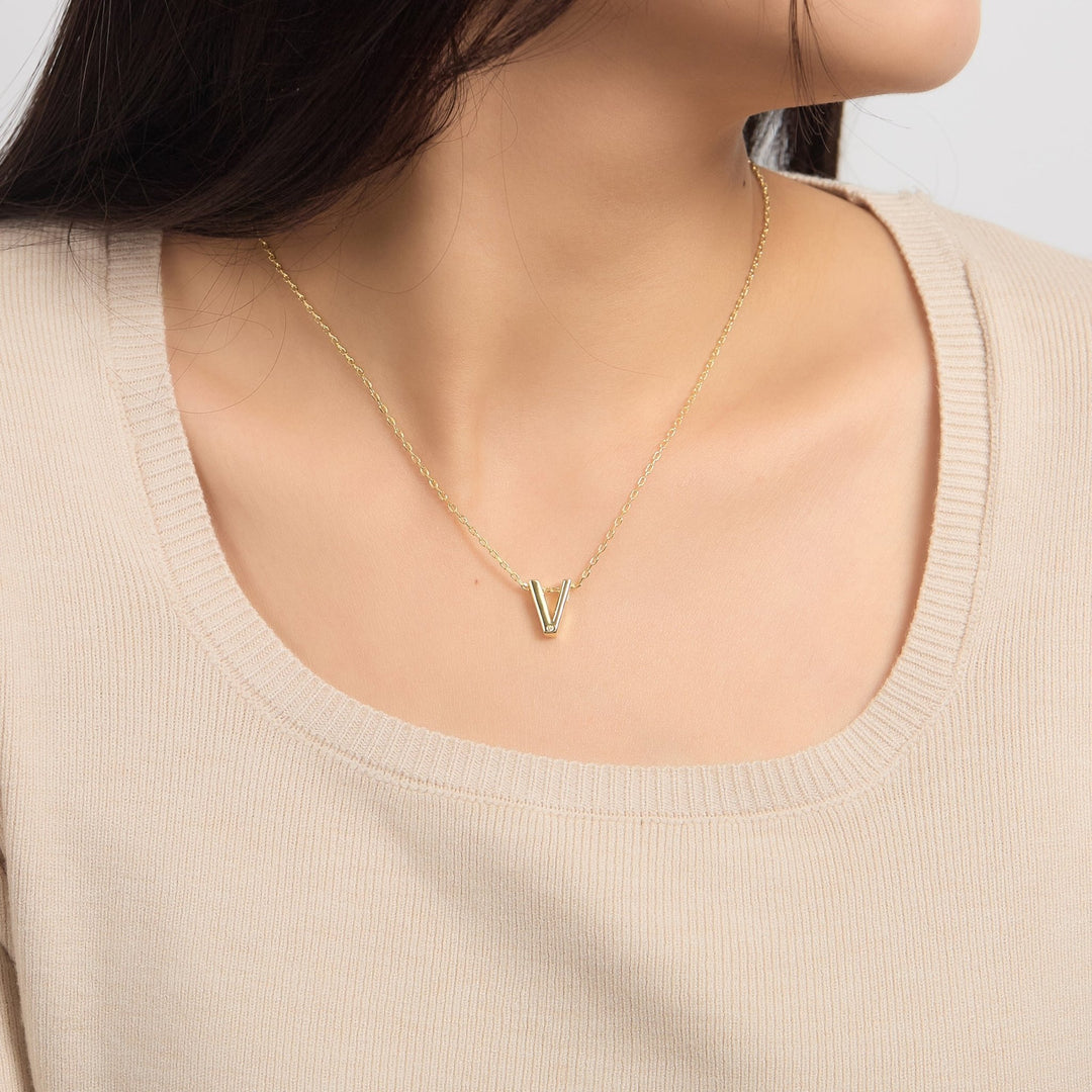 18k Gold Plated Initial Necklace Letter V Created with Zircondia® Crystals - Philip Jones Jewellery
