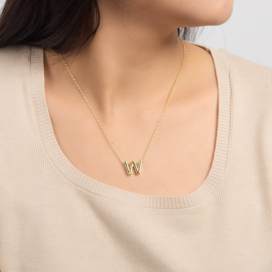 18k Gold Plated Initial Necklace Letter W Created with Zircondia® Crystals - Philip Jones Jewellery