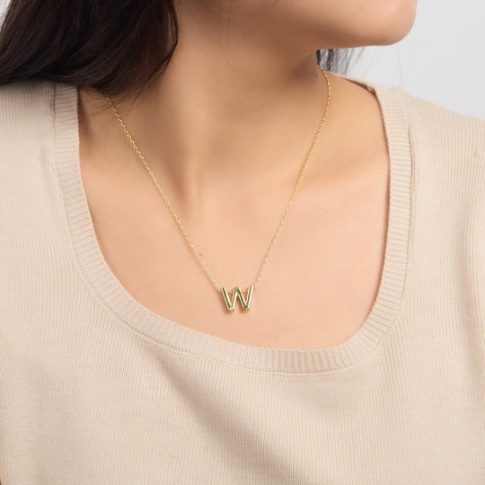 18k Gold Plated Initial Necklace Letter W Created with Zircondia® Crystals - Philip Jones Jewellery