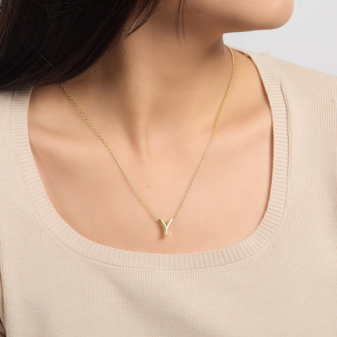 18k Gold Plated Initial Necklace Letter Y Created with Zircondia® Crystals - Philip Jones Jewellery