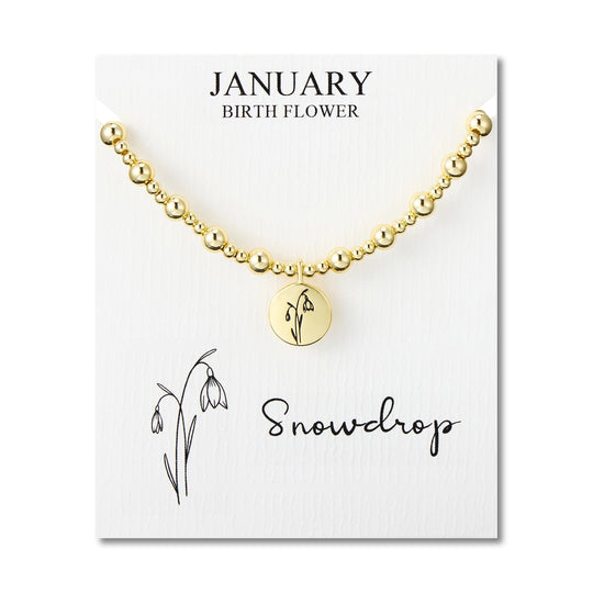 18k Gold Plated January Birth Flower Snowdrop Beaded Stretch Bracelet with Card