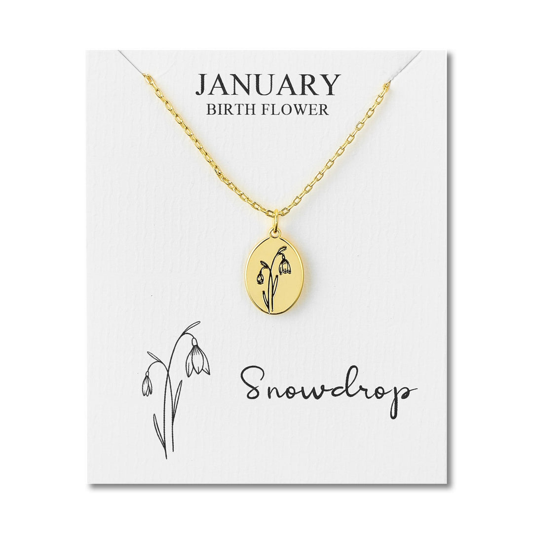 18k Gold Plated January Birth Flower Snowdrop Necklace with Card - Philip Jones