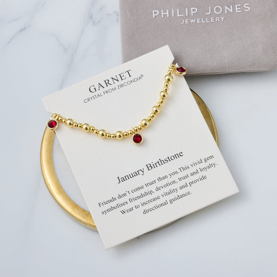 18k Gold Plated January (Garnet) Birthstone Stretch Charm Bracelet with Quote Card - Philip Jones Jewellery