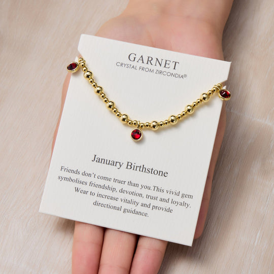 18k Gold Plated January (Garnet) Birthstone Stretch Charm Bracelet with Quote Card - Philip Jones Jewellery