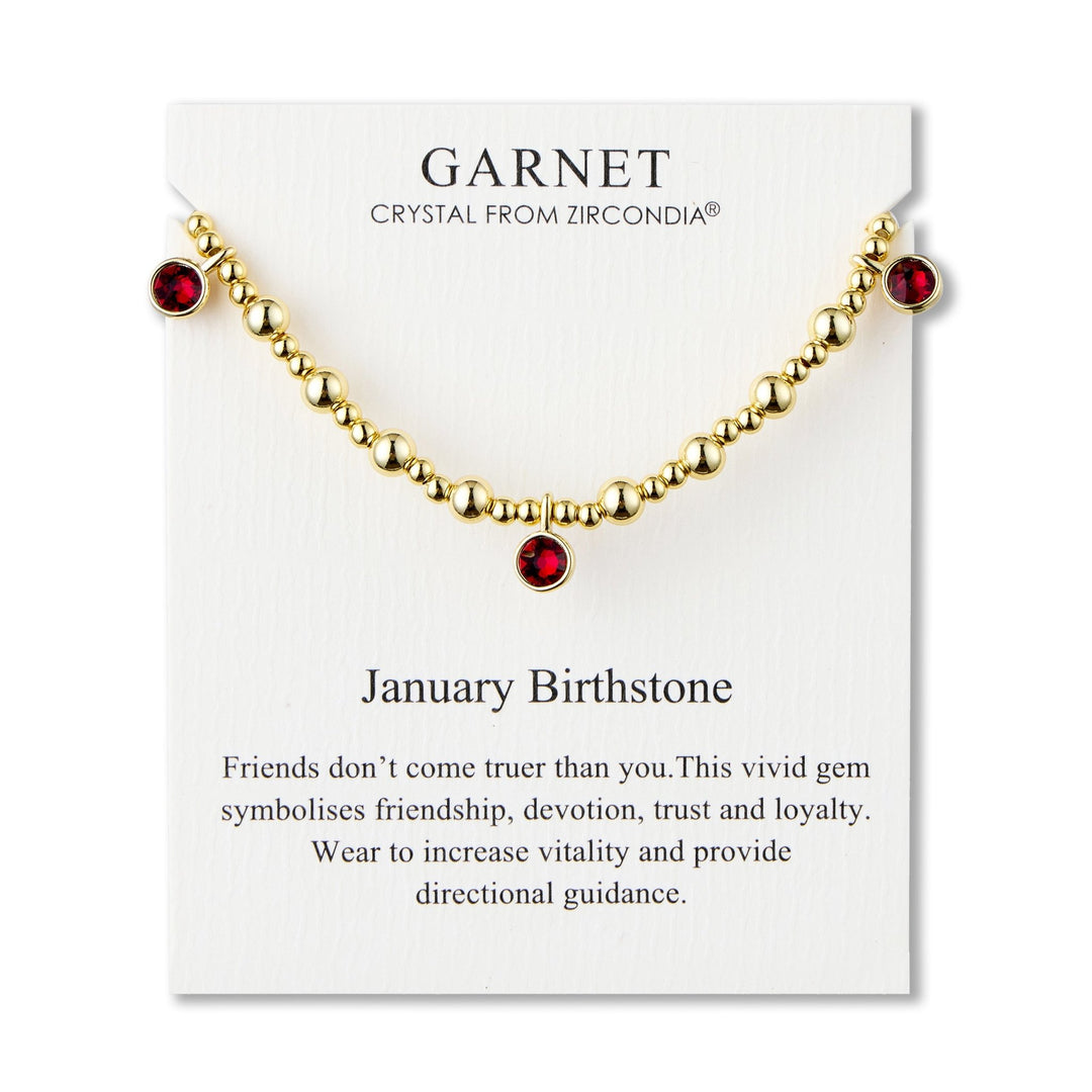 18k Gold Plated January (Garnet) Birthstone Stretch Charm Bracelet with Quote Card - Philip Jones Jewellery