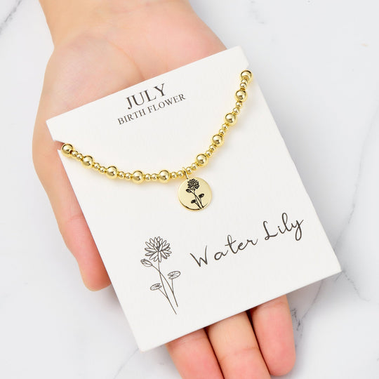18k Gold Plated July Birth Flower Water Lily Beaded Stretch Bracelet with Card