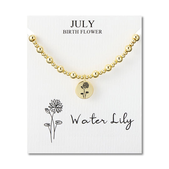 18k Gold Plated July Birth Flower Water Lily Beaded Stretch Bracelet with Card - Philip Jones