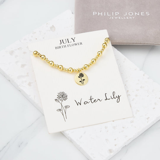 18k Gold Plated July Birth Flower Water Lily Beaded Stretch Bracelet with Card