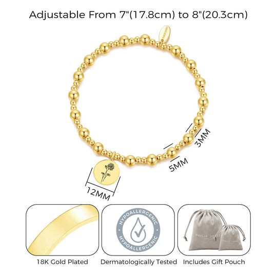 18k Gold Plated July Birth Flower Water Lily Beaded Stretch Bracelet with Card
