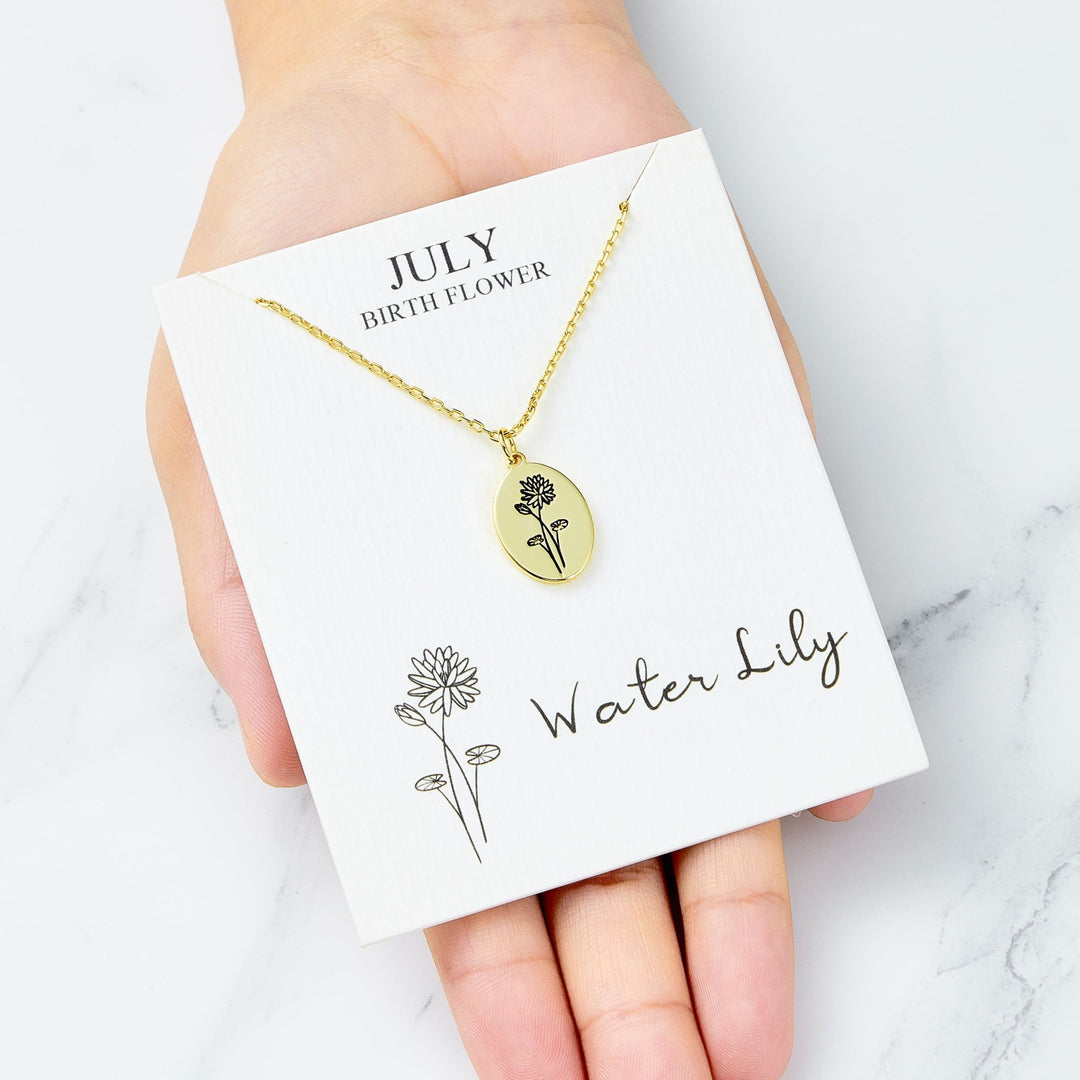 18k Gold Plated July Birth Flower Water Lily Necklace with Card